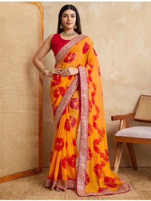 Amber Georgette Printed Saree With Lace Border