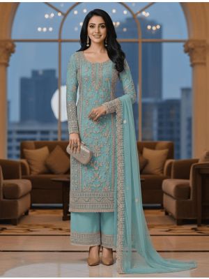 Aqua blue Butterfly Net Semi Stitched Salwar Kameez small FABSL22516