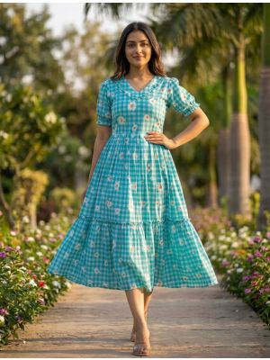 aqua blue muslin fit and flare midi dress fabku21237