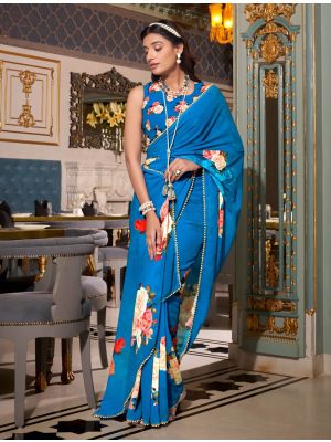 Azure Blue Georgette Saree With Pearl Lace Border