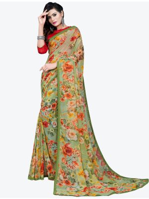 Floral Green Printed Lace Bordered Chiffon Designer Saree FABSA21014
