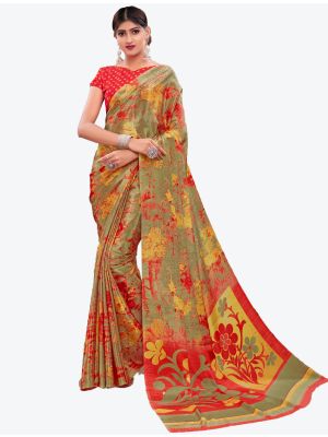 Golden Brown Printed Crepe Designer Saree small FABSA21005