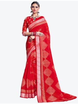 Red Printed Cotton Silk Designer Saree FABSA20997