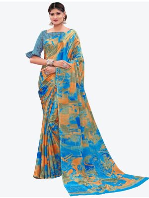 Sea Blue Printed Crepe Designer Saree small FABSA21003
