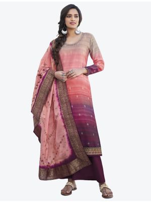 Salmon Modal Satin Silk Palazzo Suit with Digitally Printed Embroidery and Swarovski Diamond Work thumbnail FABSL20459