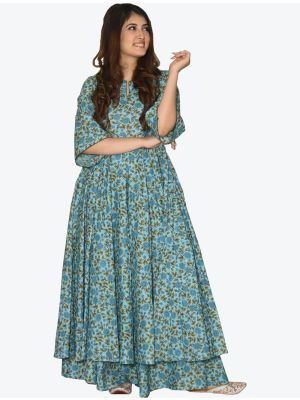 sky blue maslin digital printed kurti with palazzo fabku20337