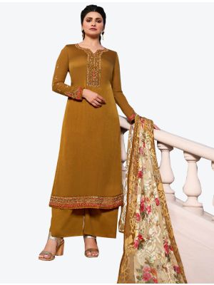 Dark Mustard Tussar Satin Straight Suit with Dupatta small FABSL20463