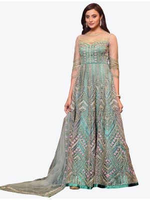 Ice Blue Net Indo Western Anarkali Suit with Dupatta small FABSL20498