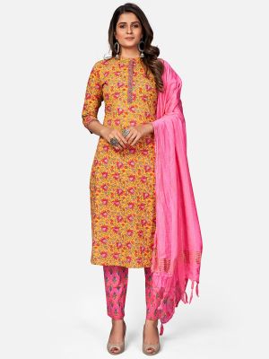 mustard pure cotton kurti with pant and dupatta fabku20388