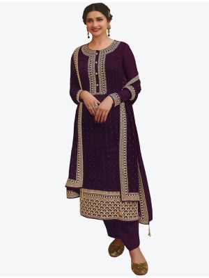 Wine Embroidered Faux Georgette Straight Suit with Dupatta small FABSL20502