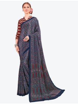 Blue Printed Fine Crepe Designer Saree small FABSA21095