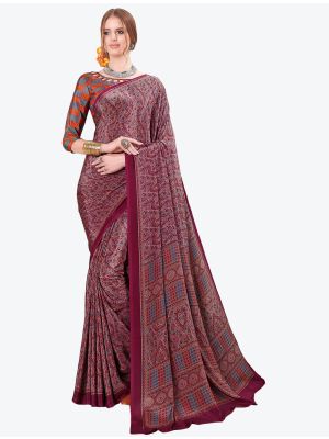 Burgundy Printed Fine Crepe Designer Saree small FABSA21094