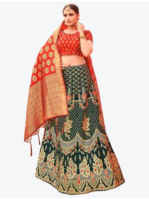 Dark Green Banarasi Silk A Line Lehenga with Dupatta small FABLE20125