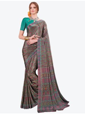 Green And Pink Printed Fine Crepe Designer Saree small FABSA21091