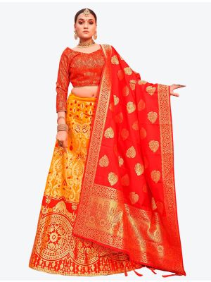 Orangish Yellow Banarasi Silk A Line Lehenga with Dupatta small FABLE20117