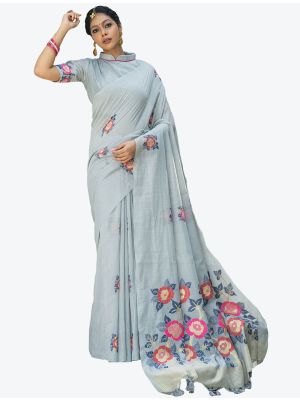 Pastel Blue Woven Jacquard Soft Linen Cotton Designer Saree small FABSA21099