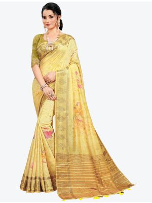 Pastel Yellow Woven Digital Printed South Cotton Designer Saree small FABSA21116