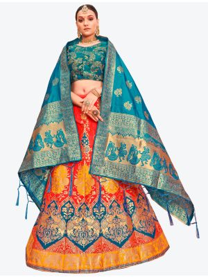 Reddish Orange Banarasi Silk A Line Lehenga with Dupatta small FABLE20118