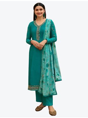 Sea Green Embroidered Royal Crepe Straight Suit with Printed Dupatta small FABSL20516