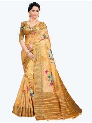 Shiny Yellow Woven Digital Printed South Cotton Designer Saree small FABSA21120