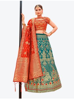 Teal Banarasi Silk A Line Lehenga with Dupatta small FABLE20123