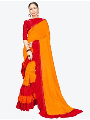 Bright Orange Ruffle Frill Fine Georgette Designer Saree small FABSA21158
