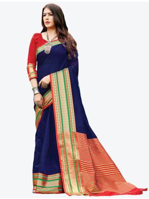 Navy Blue Woven Handloom Cotton Designer Saree small FABSA21178