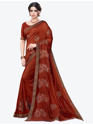 Rusty Brown Embroidered Vichitra Silk Designer Saree small FABSA21149