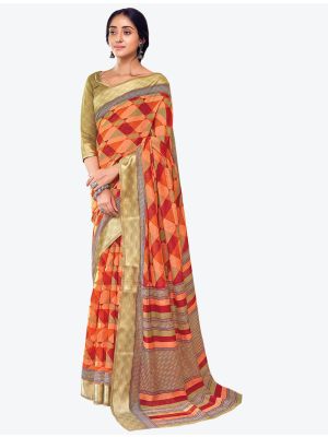 Bright Orange Printed And Woven Pure Cotton Designer Saree small FABSA21186