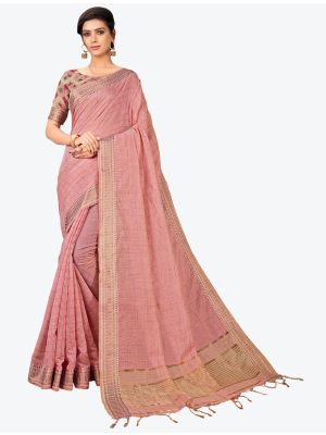 Pastel Pink Printed And Woven Cotton Silk Designer Saree small FABSA21196