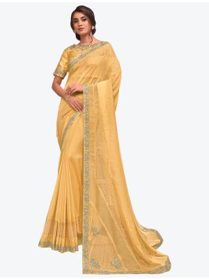 Pastel Yellow Premium Silk Georgette Festive Wear Designer Saree small FABSA21218