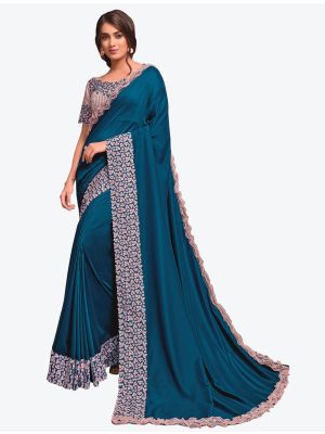 Teal Blue Premium Silk Chiffon Festive Wear Designer Saree small FABSA21224