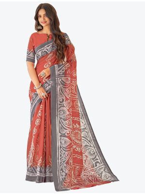 Dark Peach Printed Fine Cotton Designer Saree small FABSA21229