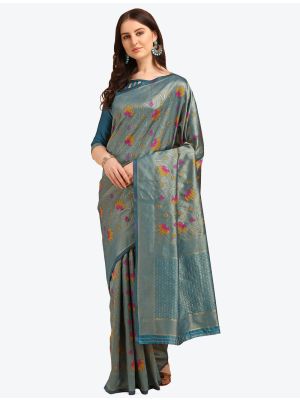 Faded Blue Printed And Woven Banarasi Cotton Designer Saree FABSA21260