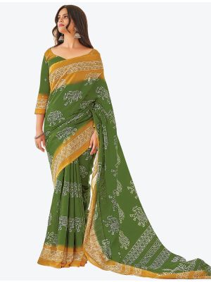 Grass Green Printed Fine Cotton Designer Saree small FABSA21226