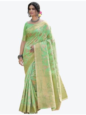 Light Green Woven Zari Linen Festive Wear Designer Saree small FABSA21243