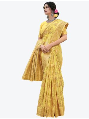 Pastel Yellow Woven Zari Linen Festive Wear Designer Saree small FABSA21240