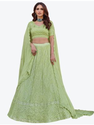 Pistachio Green Georgette Wedding Wear Designer Lehenga Choli with Dupatta small FABLE20165