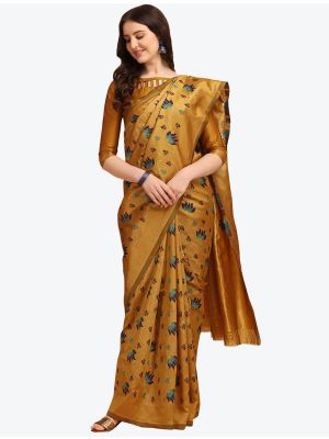 Rich Mustard Printed And Woven Banarasi Cotton Designer Saree FABSA21259