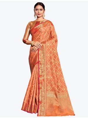 Dark Peach Woven Jacquard Work Silk Designer Saree small FABSA21288