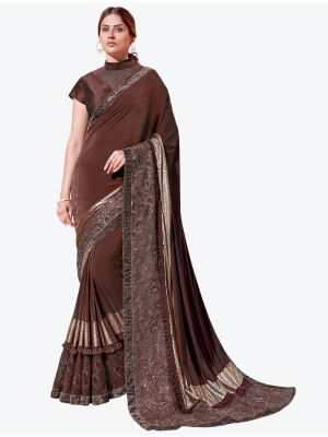 Deep Brown Lycra Heavy Embroidery Work Party Wear Designer Saree FABSA21268