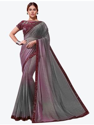 Gradient Grey Lycra Heavy Embroidery Work Party Wear Designer Saree FABSA21273