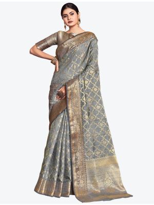 Metallic Grey Woven Jacquard Work Silk Designer Saree small FABSA21286
