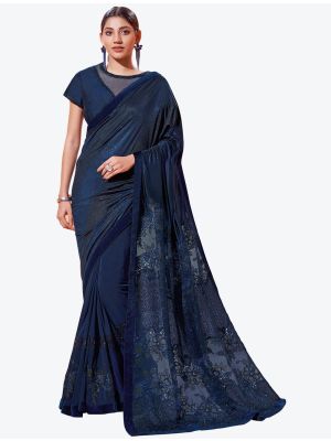 Navy Blue Lycra Heavy Embroidery Work Party Wear Designer Saree FABSA21263