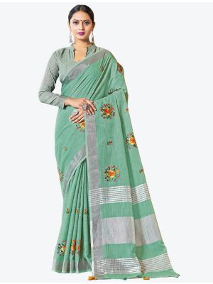 Seafoam Green Linen Embroidered Festive Wear Designer Saree small FABSA21290