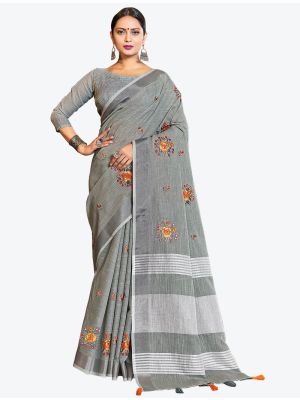 Steel Grey Linen Embroidered Festive Wear Designer Saree small FABSA21292