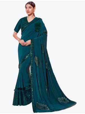 Teal Blue Lycra Heavy Embroidery Work Party Wear Designer Saree FABSA21261