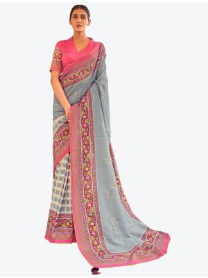 Bluish Grey Zari Woven Digital Printed Patola Silk Designer Saree small FABSA21384