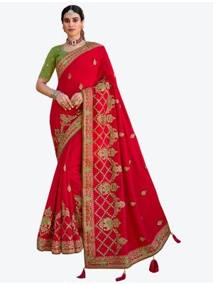 Bright Red Premium Satin Georgette Party Wear Designer Saree FABSA21319