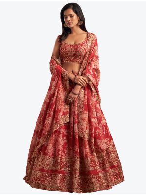 Coral Red Organza Party Wear Designer Lehenga Choli with Dupatta small FABLE20192